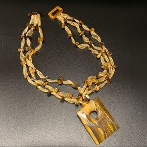 Beaded Gemstone Ribbon Necklace with Large Polished Stone Pendant